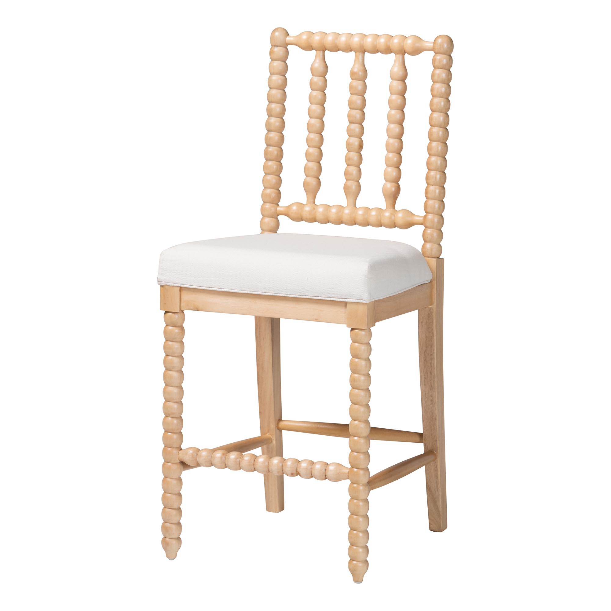 bali & pari Deya Bobbin Counter Stool - Sculptural Wood Kitchen Seating with Upholstered Seat and Spindle Back, Natural Brown